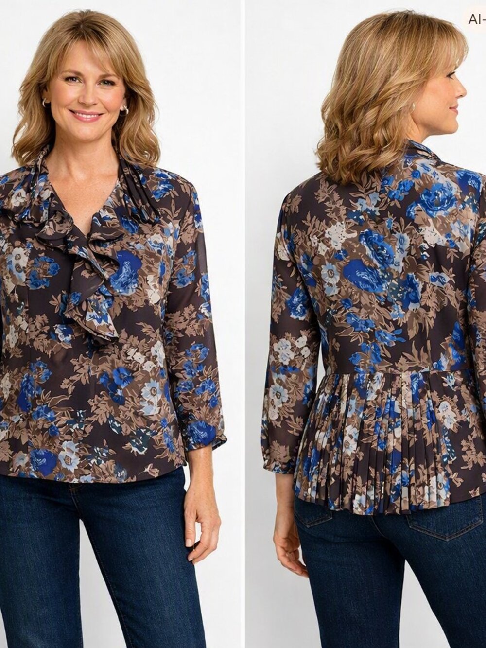Coldwater Creek Blue Brown Floral Ruffle Pleated Blouse Size Petite Med